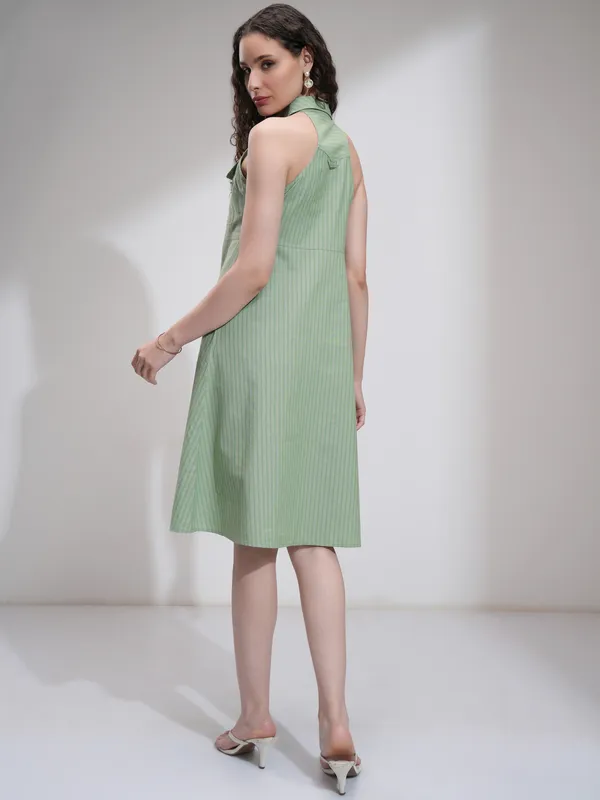 Tokyo Talkies Women Olive Striped Fit And Flare Dress