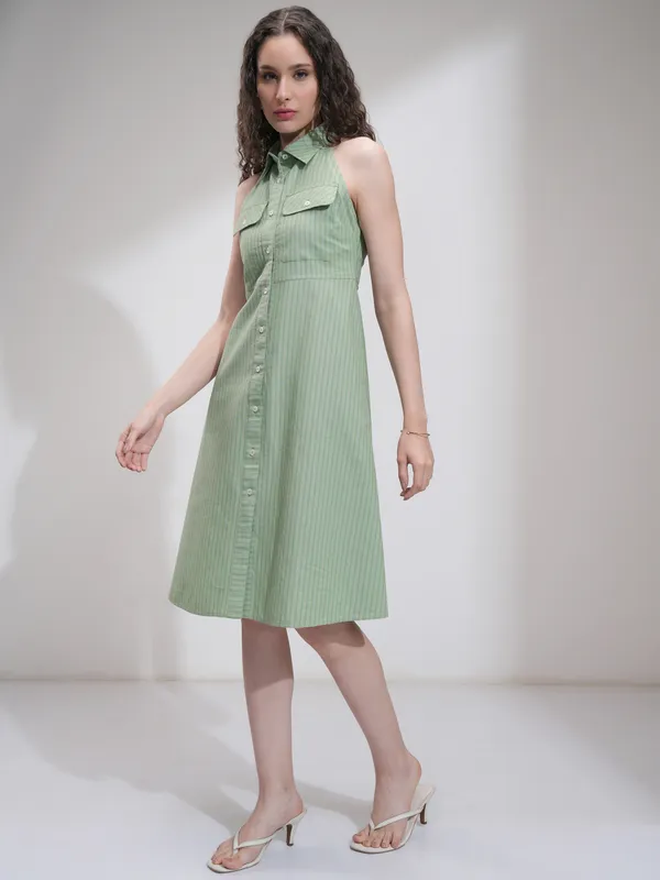 Tokyo Talkies Women Olive Striped Fit And Flare Dress