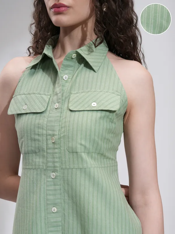 Tokyo Talkies Women Olive Striped Fit And Flare Dress