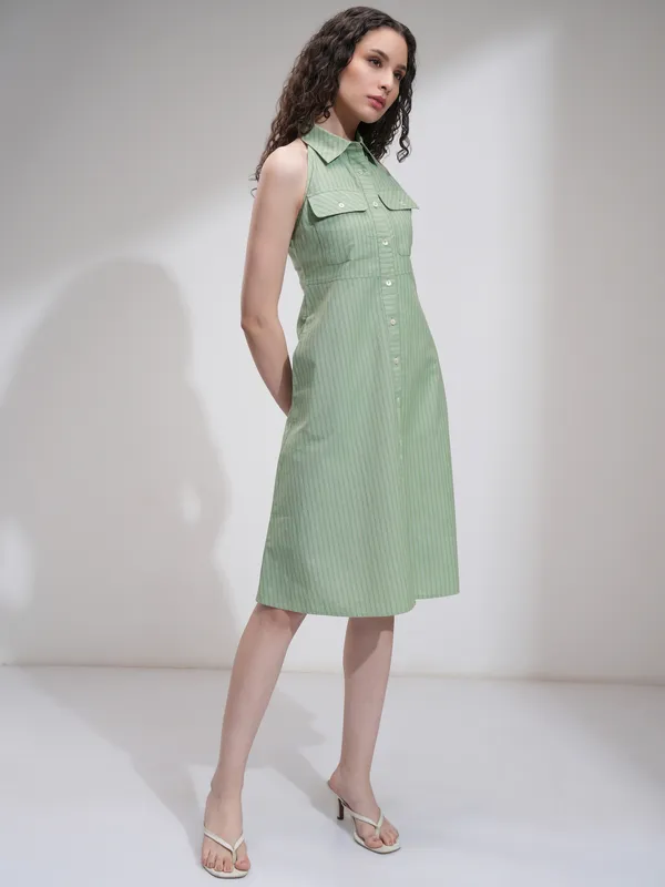 Tokyo Talkies Women Olive Striped Fit And Flare Dress