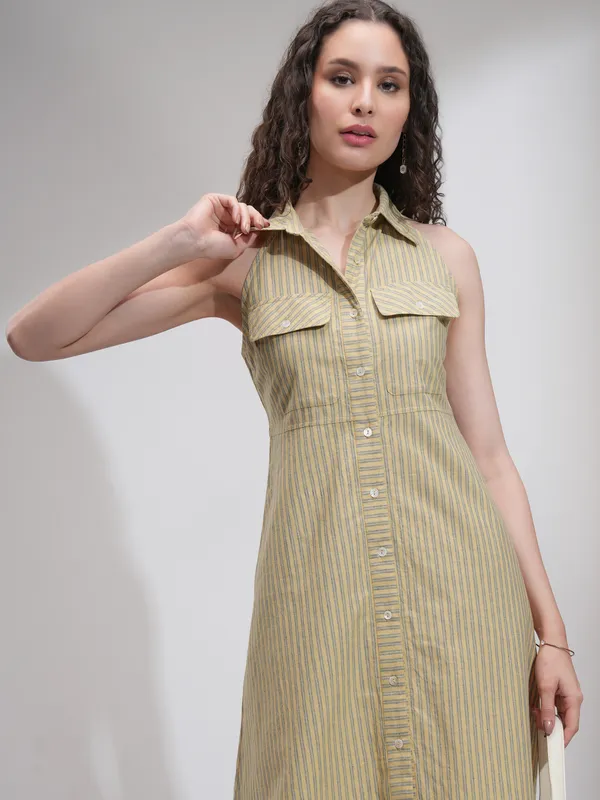 Tokyo Talkies Women Beige Striped Fit And Flare Dress