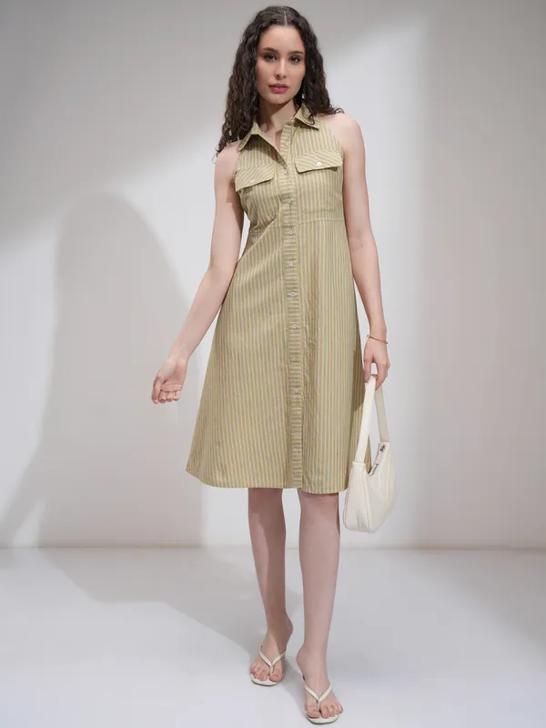 Tokyo Talkies Women Beige Striped Fit And Flare Dress