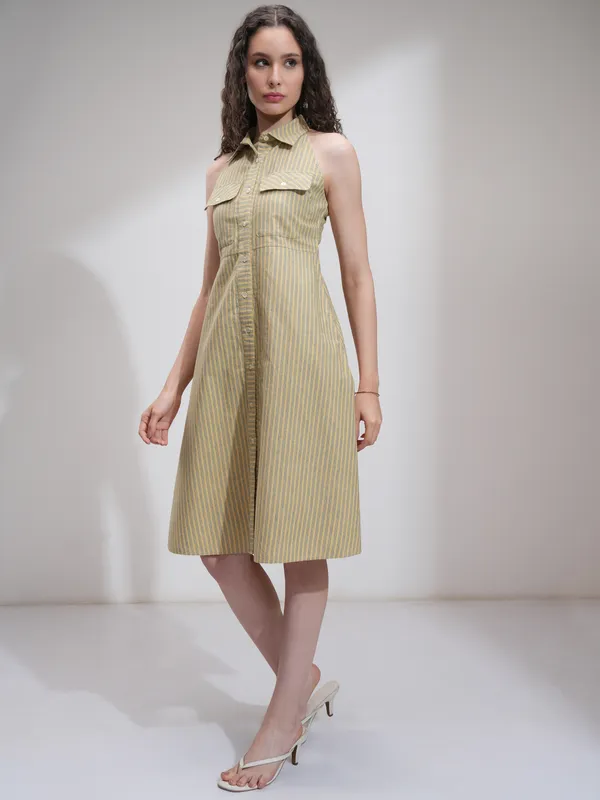 Tokyo Talkies Women Beige Striped Fit And Flare Dress
