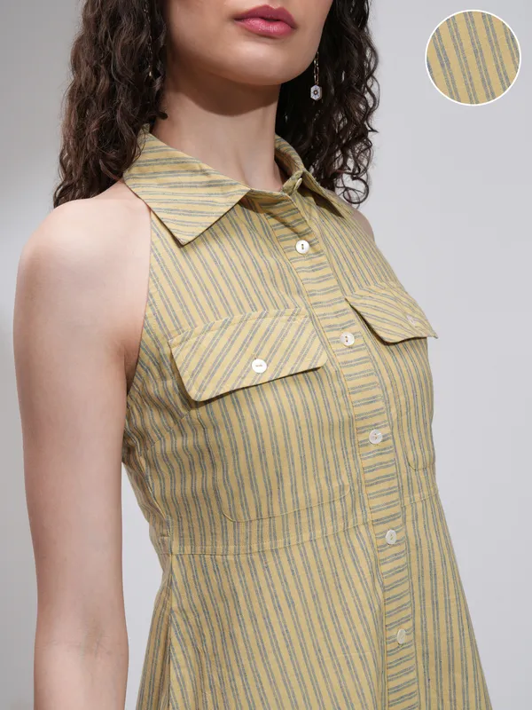 Tokyo Talkies Women Beige Striped Fit And Flare Dress