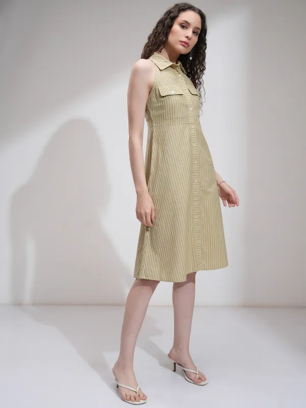 Tokyo Talkies Women Beige Striped Fit And Flare Dress