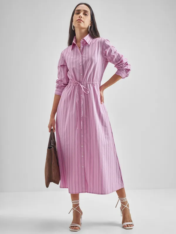 Chic By Tokyo Talkies Women Pink Striped Shirt Dress