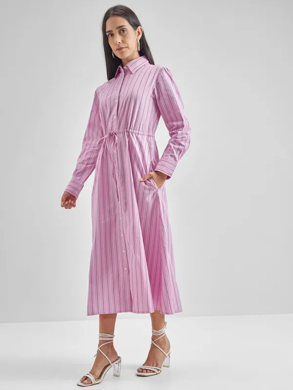 Chic By Tokyo Talkies Women Pink Striped Shirt Dress