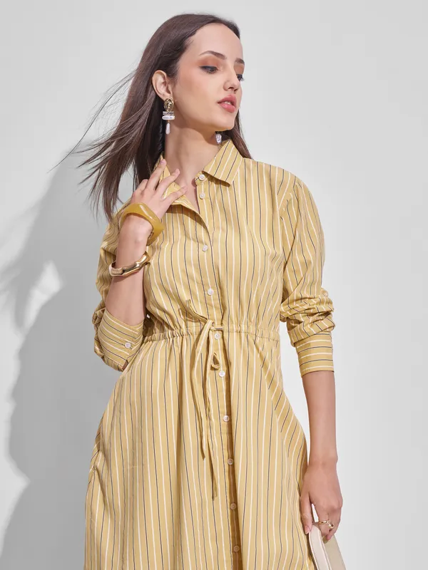 Tokyo Talkies Women Yellow Striped Shirt Dress