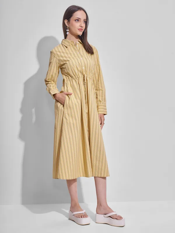 Tokyo Talkies Women Yellow Striped Shirt Dress