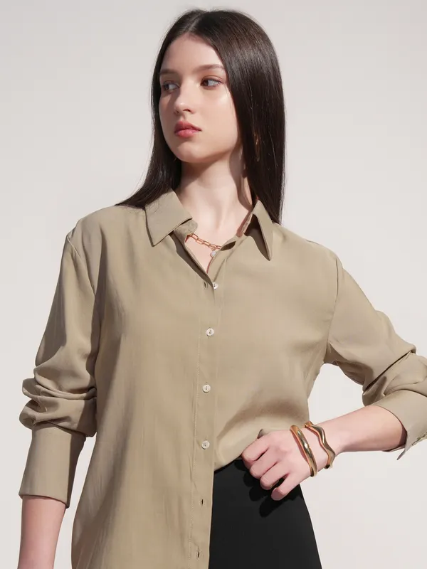 Tokyo Talkies Women Beige Solid Casual Shirt