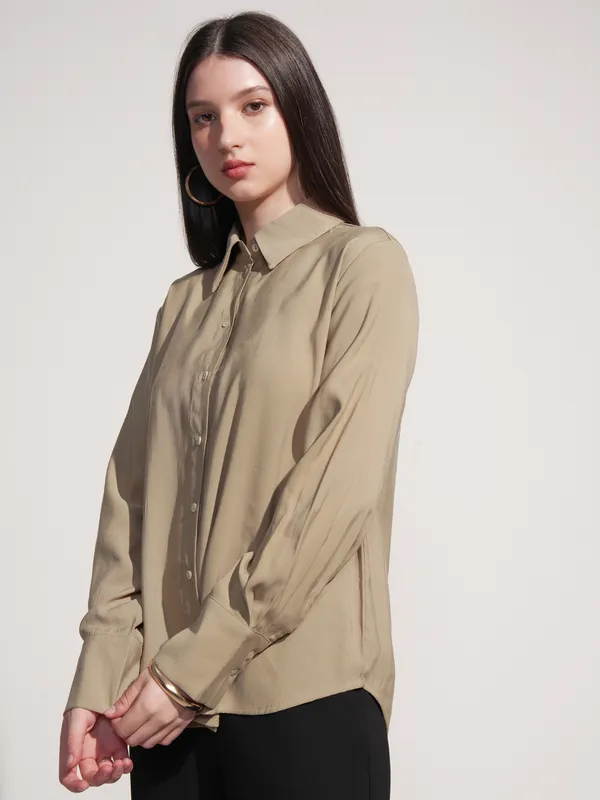 Tokyo Talkies Women Beige Solid Casual Shirt
