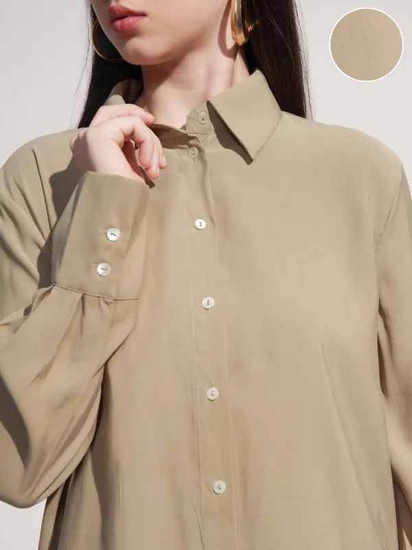 Tokyo Talkies Women Beige Solid Casual Shirt