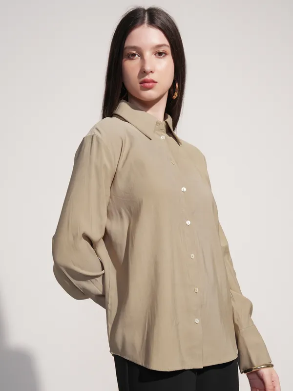 Tokyo Talkies Women Beige Solid Casual Shirt
