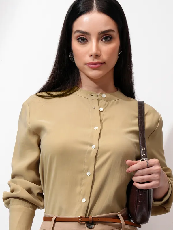Tokyo Talkies Women Khaki Solid Regular Fit Casual Shirt