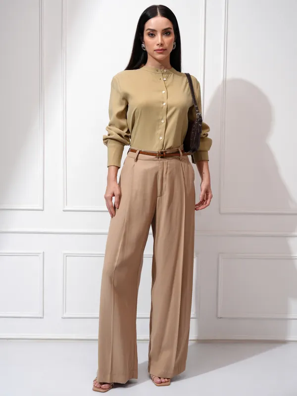 Tokyo Talkies Women Khaki Solid Regular Fit Casual Shirt