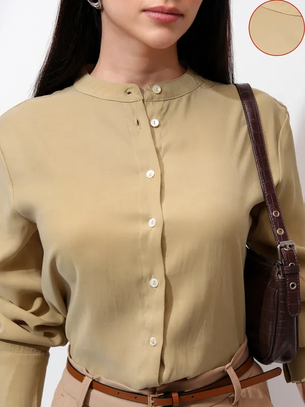 Tokyo Talkies Women Khaki Solid Regular Fit Casual Shirt