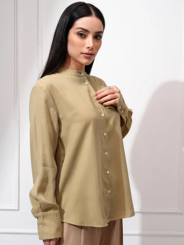 Tokyo Talkies Women Khaki Solid Regular Fit Casual Shirt