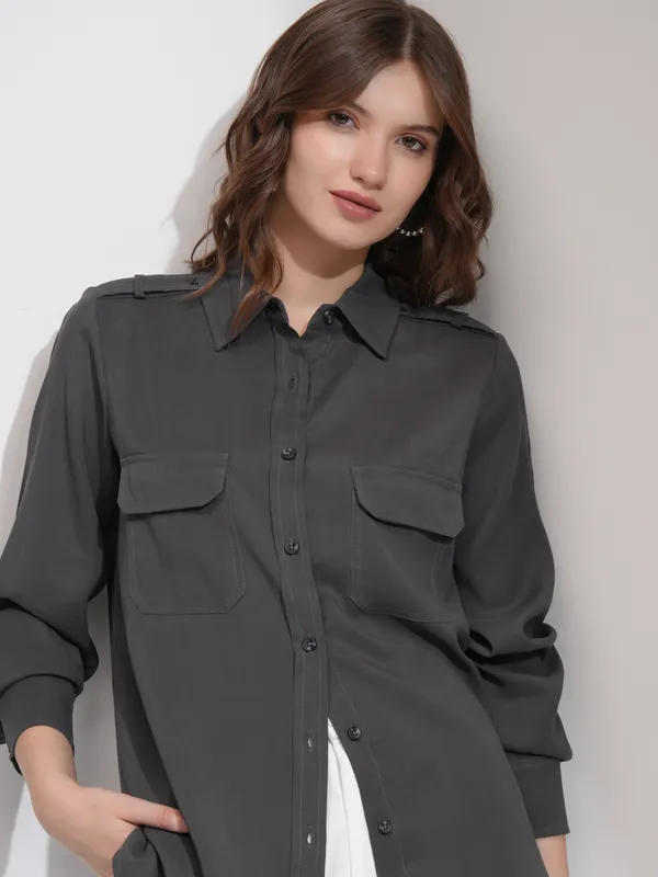 Tokyo Talkies Women Charcoal Solid Casual Shirt