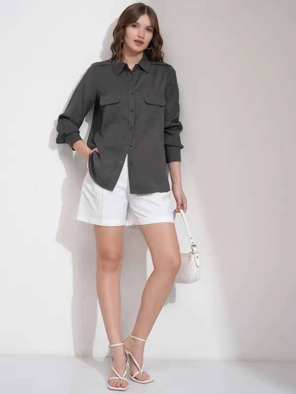 Tokyo Talkies Women Charcoal Solid Casual Shirt