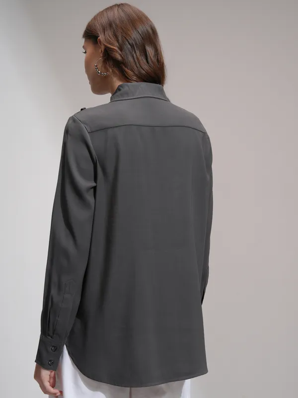 Tokyo Talkies Women Charcoal Solid Casual Shirt