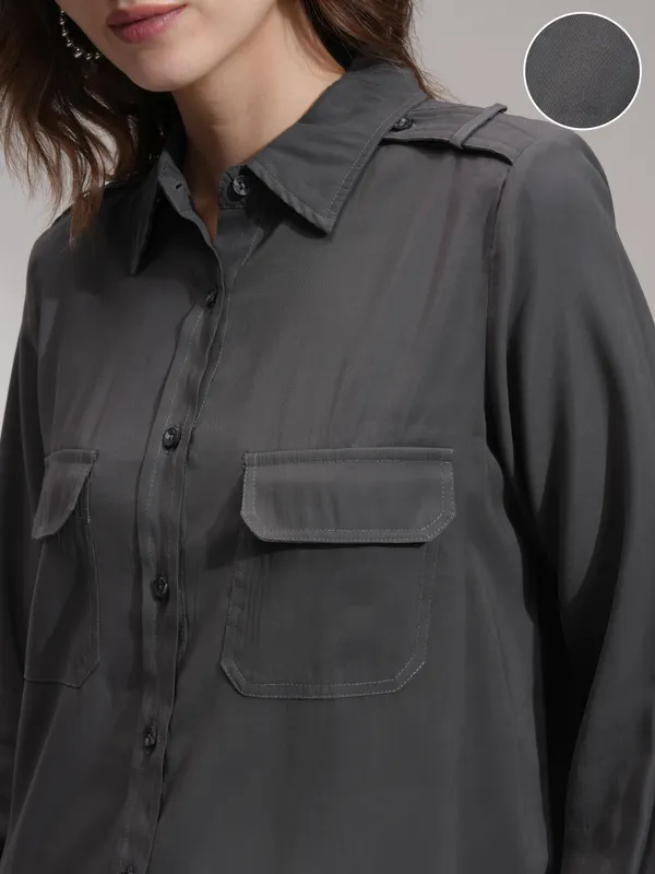 Tokyo Talkies Women Charcoal Solid Casual Shirt