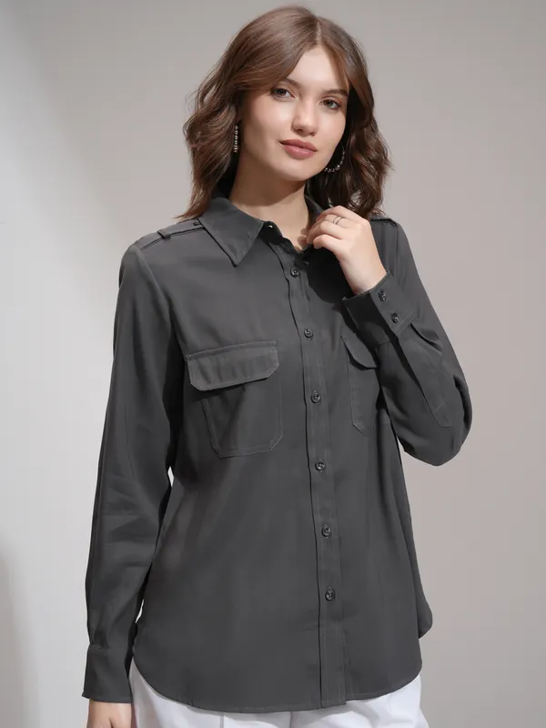 Tokyo Talkies Women Charcoal Solid Casual Shirt