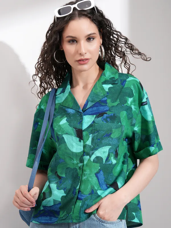 Tokyo Talkies Women Green Printed Casual Shirt