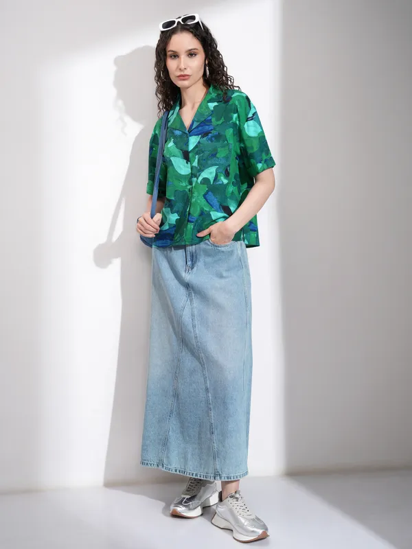 Tokyo Talkies Women Green Printed Casual Shirt