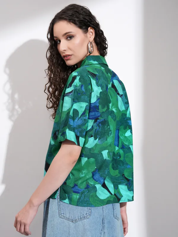 Tokyo Talkies Women Green Printed Casual Shirt