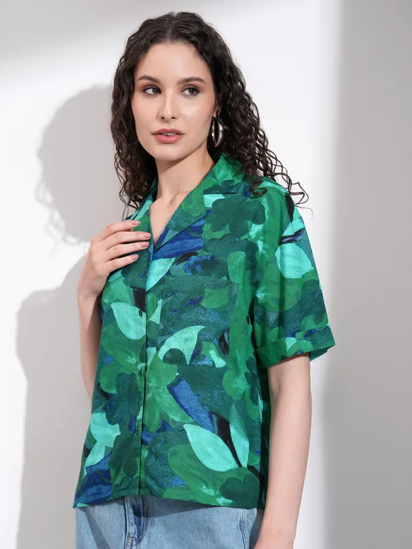 Tokyo Talkies Women Green Printed Casual Shirt