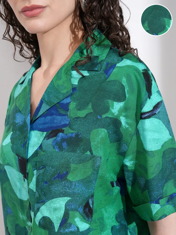 Tokyo Talkies Women Green Printed Casual Shirt