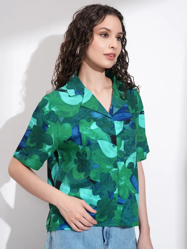 Tokyo Talkies Women Green Printed Casual Shirt
