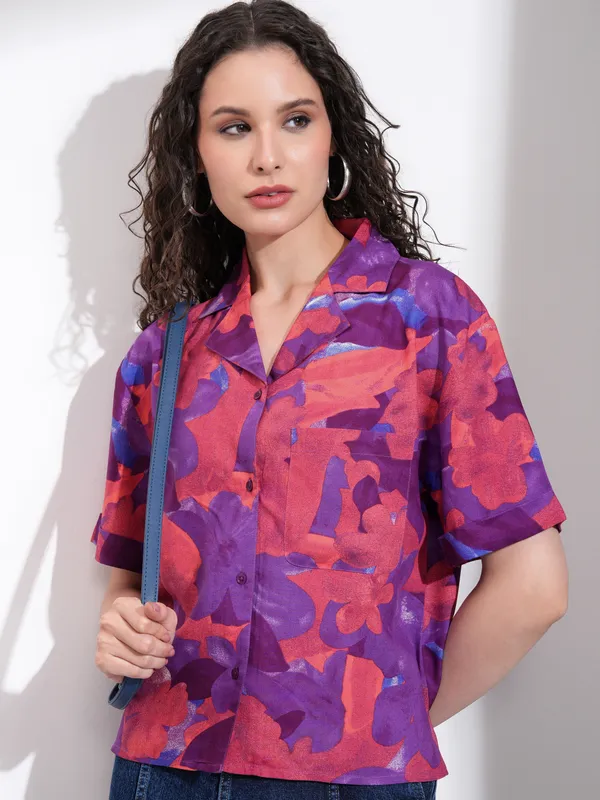 Tokyo Talkies Women Purple Printed Casual Shirt
