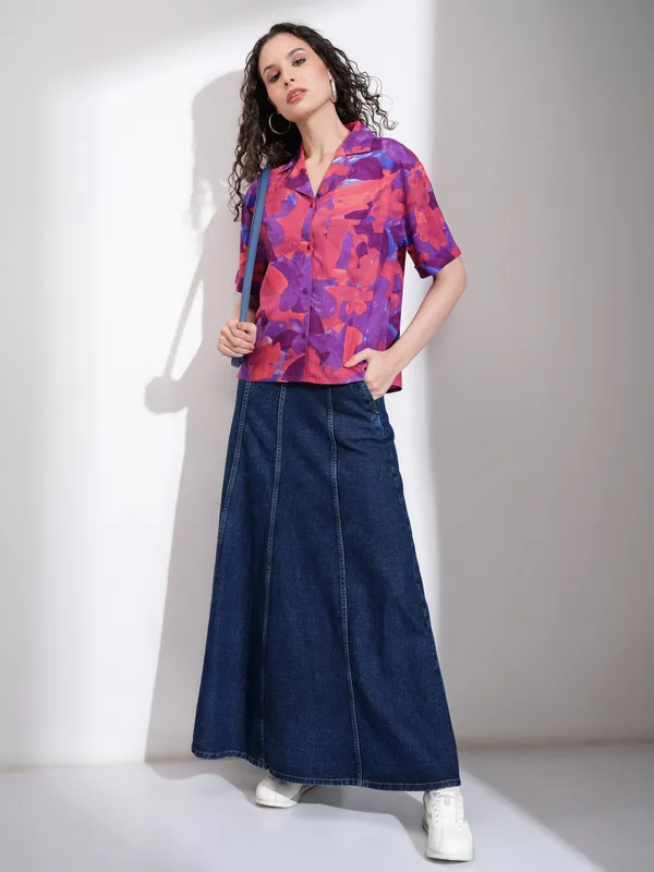 Tokyo Talkies Women Purple Printed Casual Shirt