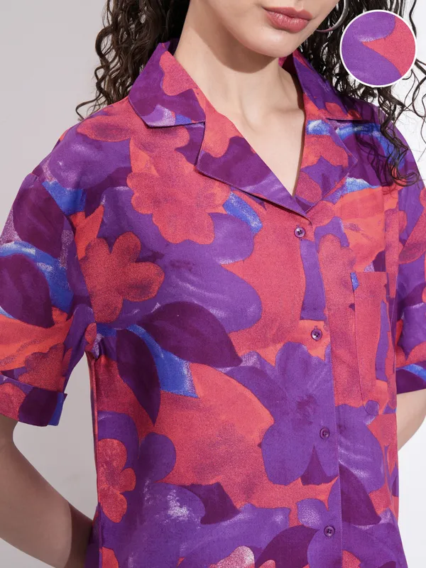 Tokyo Talkies Women Purple Printed Casual Shirt
