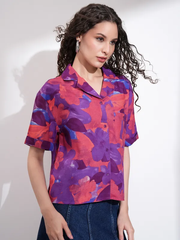 Tokyo Talkies Women Purple Printed Casual Shirt