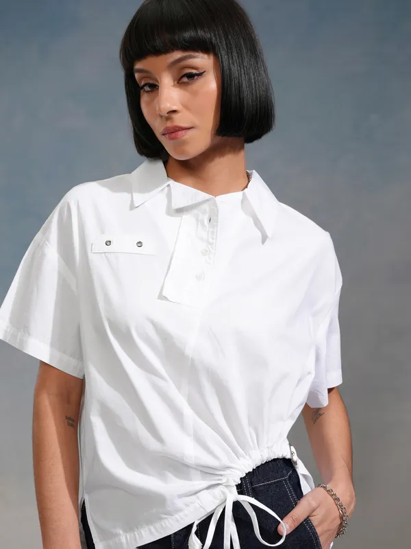 Tokyo Talkies Women White Solid Boxy Fit Casual Shirt