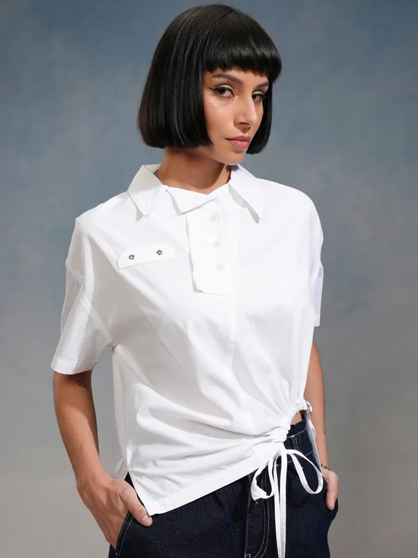 Tokyo Talkies Women White Solid Boxy Fit Casual Shirt