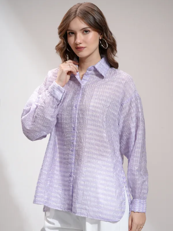 Tokyo Talkies Women Purple Striped Formal Shirt