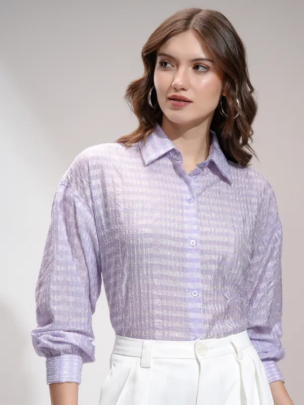 Tokyo Talkies Women Purple Striped Formal Shirt