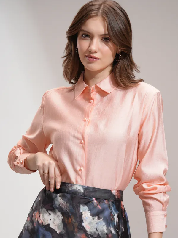 Tokyo Talkies Women Peach Solid Casual Shirt