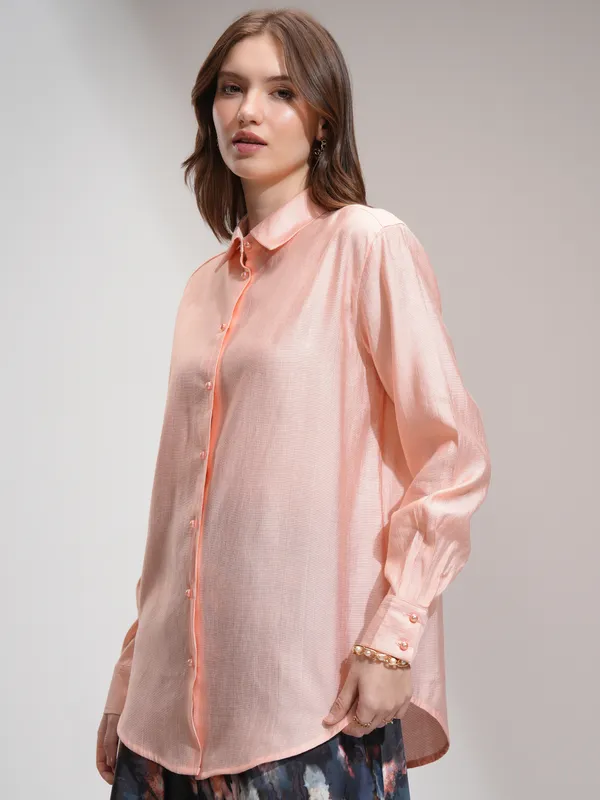 Tokyo Talkies Women Peach Solid Casual Shirt