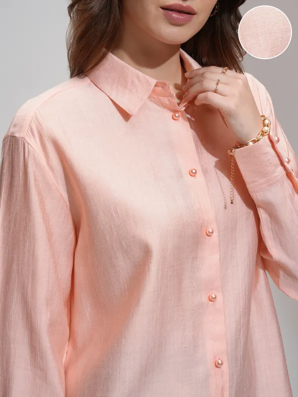 Tokyo Talkies Women Peach Solid Casual Shirt