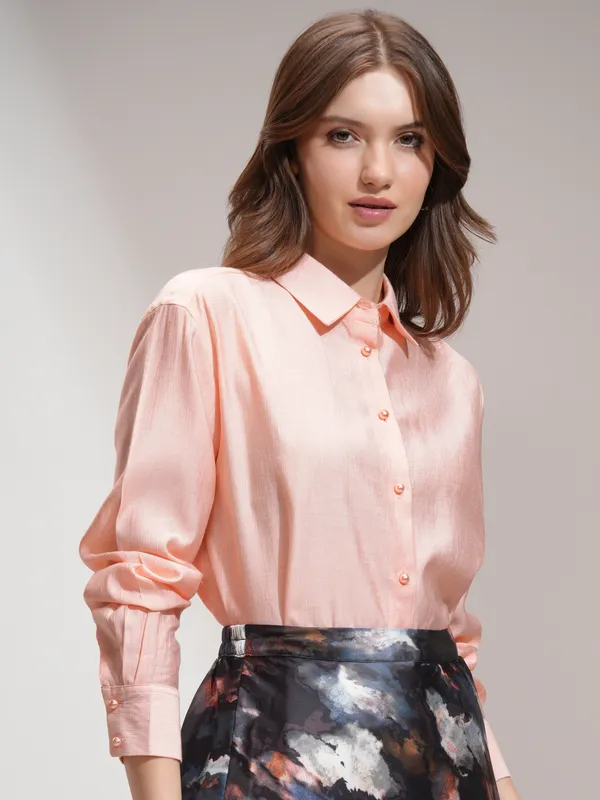 Tokyo Talkies Women Peach Solid Casual Shirt