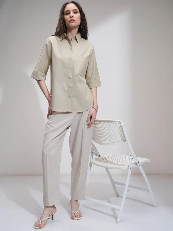 Tokyo Talkies Women Beige Solid Casual Shirt