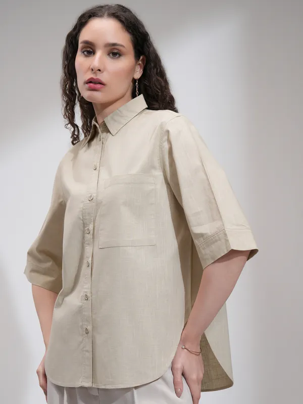 Tokyo Talkies Women Beige Solid Casual Shirt