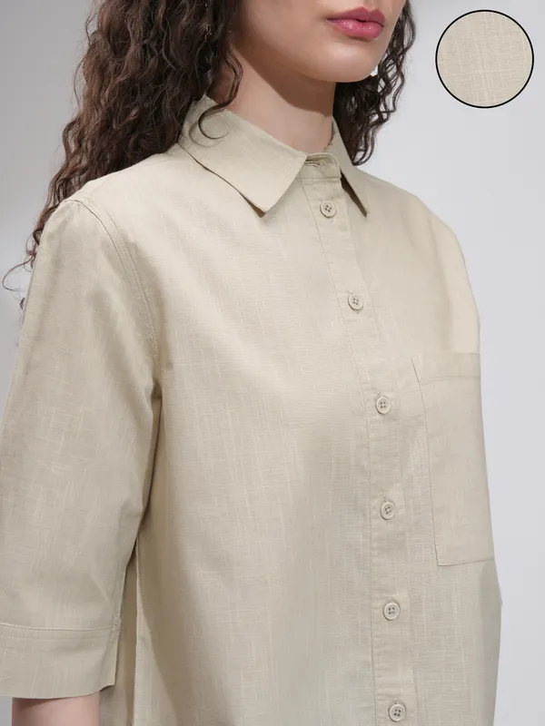 Tokyo Talkies Women Beige Solid Casual Shirt