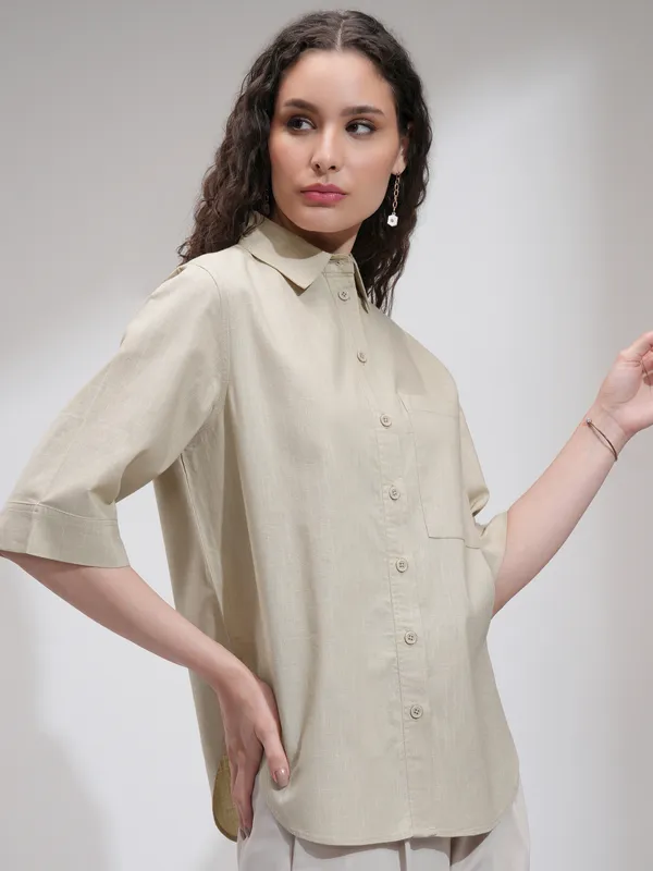 Tokyo Talkies Women Beige Solid Casual Shirt