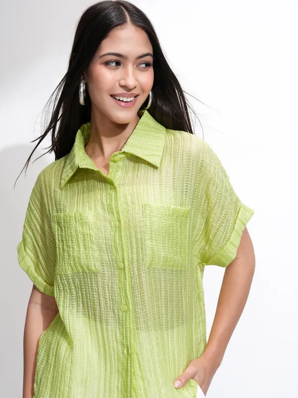 Tokyo Talkies Women Green Solid Regular Fit Casual Shirt