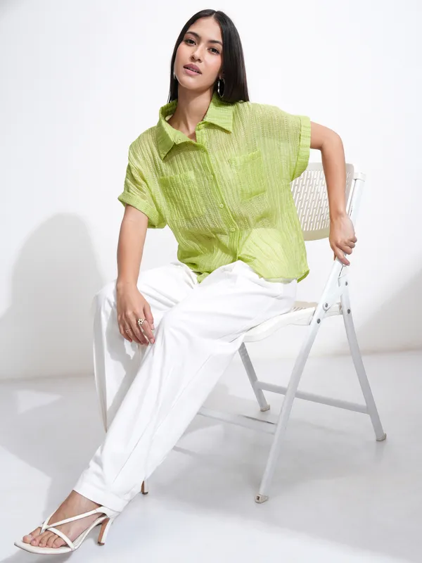 Tokyo Talkies Women Green Solid Regular Fit Casual Shirt